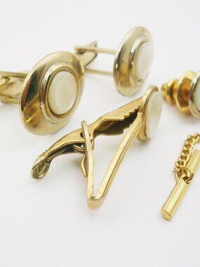 Vintage gold plate Cuff Links Tie Clip Pin Set genuine Mother of Pearl